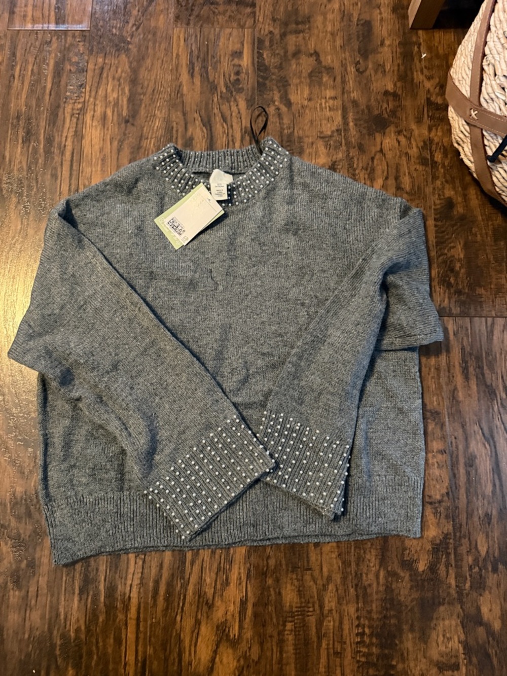 H&M Gray Crewneck Sweater with Bead Embellishment